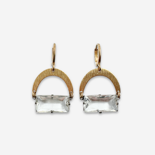 Brass arch earrings with antique rectangular clear crystal drop