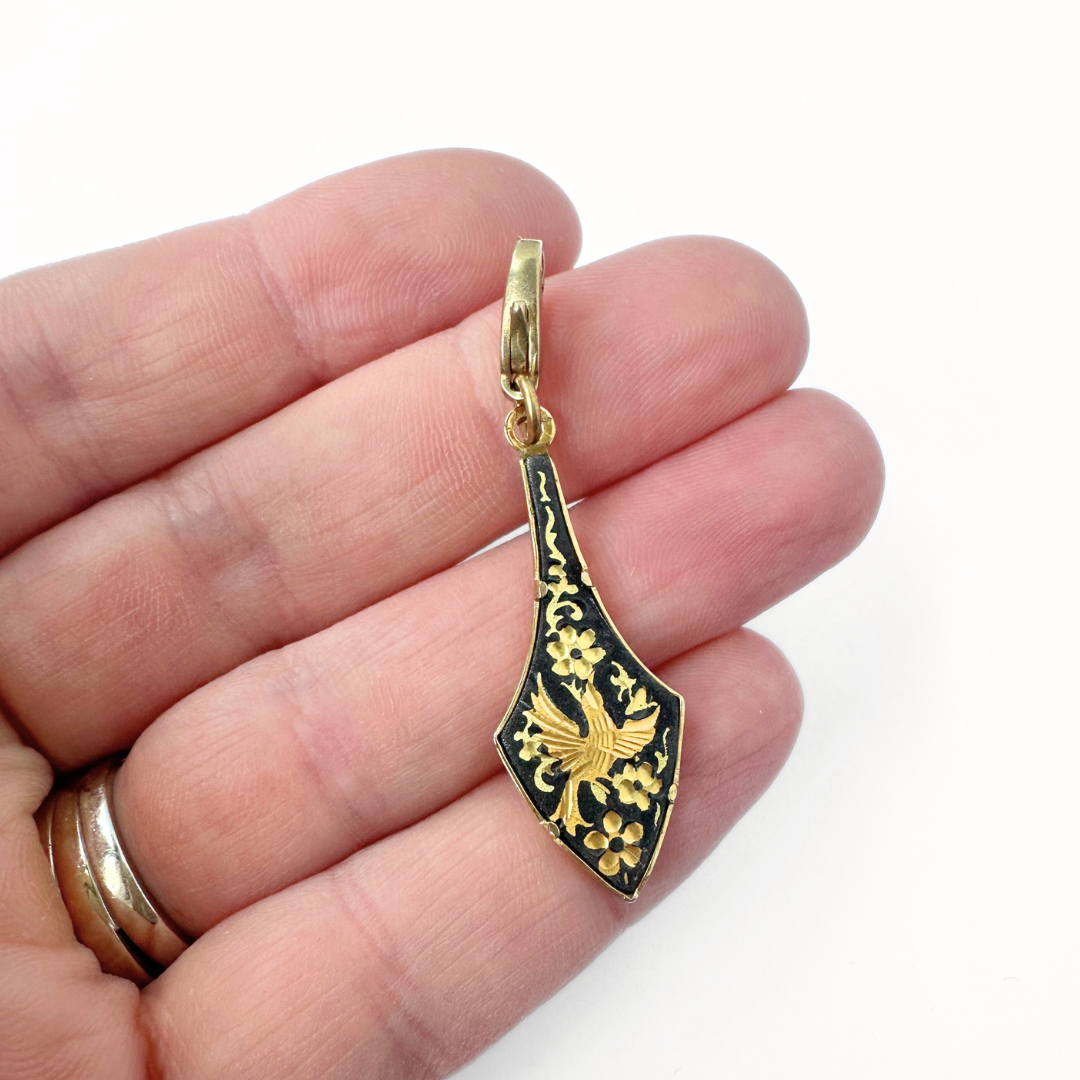 Vintage gold and black Damascene floral bird charm