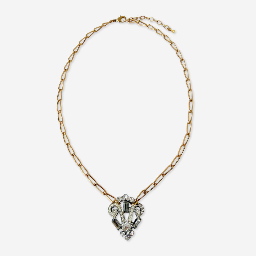 Vintage clear rhinestone deco pendant on gold plated chain