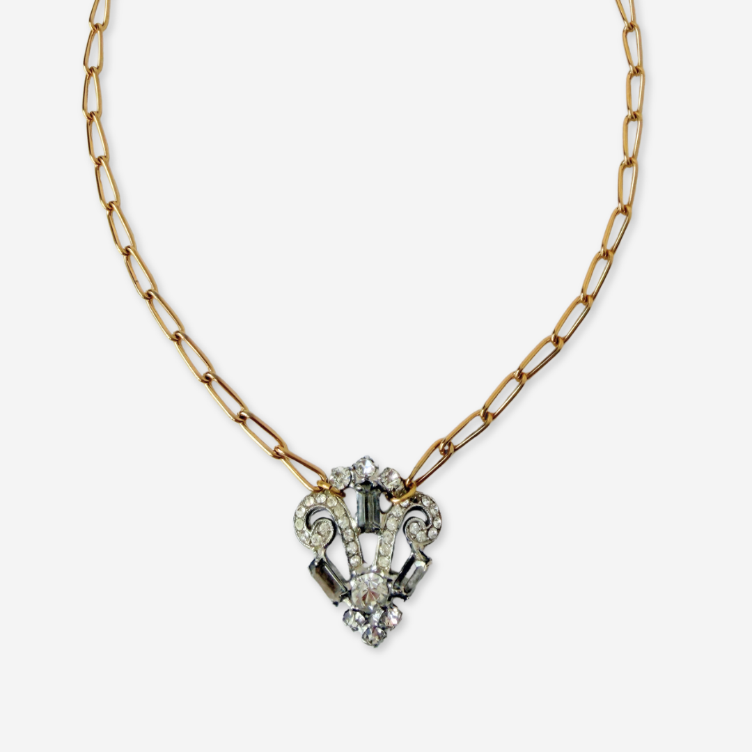 Vintage clear rhinestone deco pendant on gold plated chain