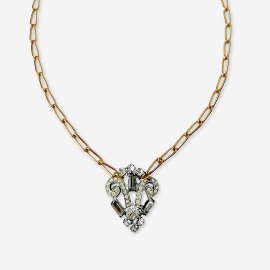 Vintage clear rhinestone deco pendant on gold plated chain