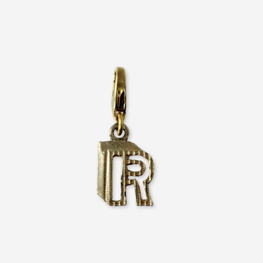 Small vintage gold tone cutout "R" monogram charm