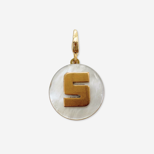 Vintage mother of pearl and brass "S" monogram circular charm