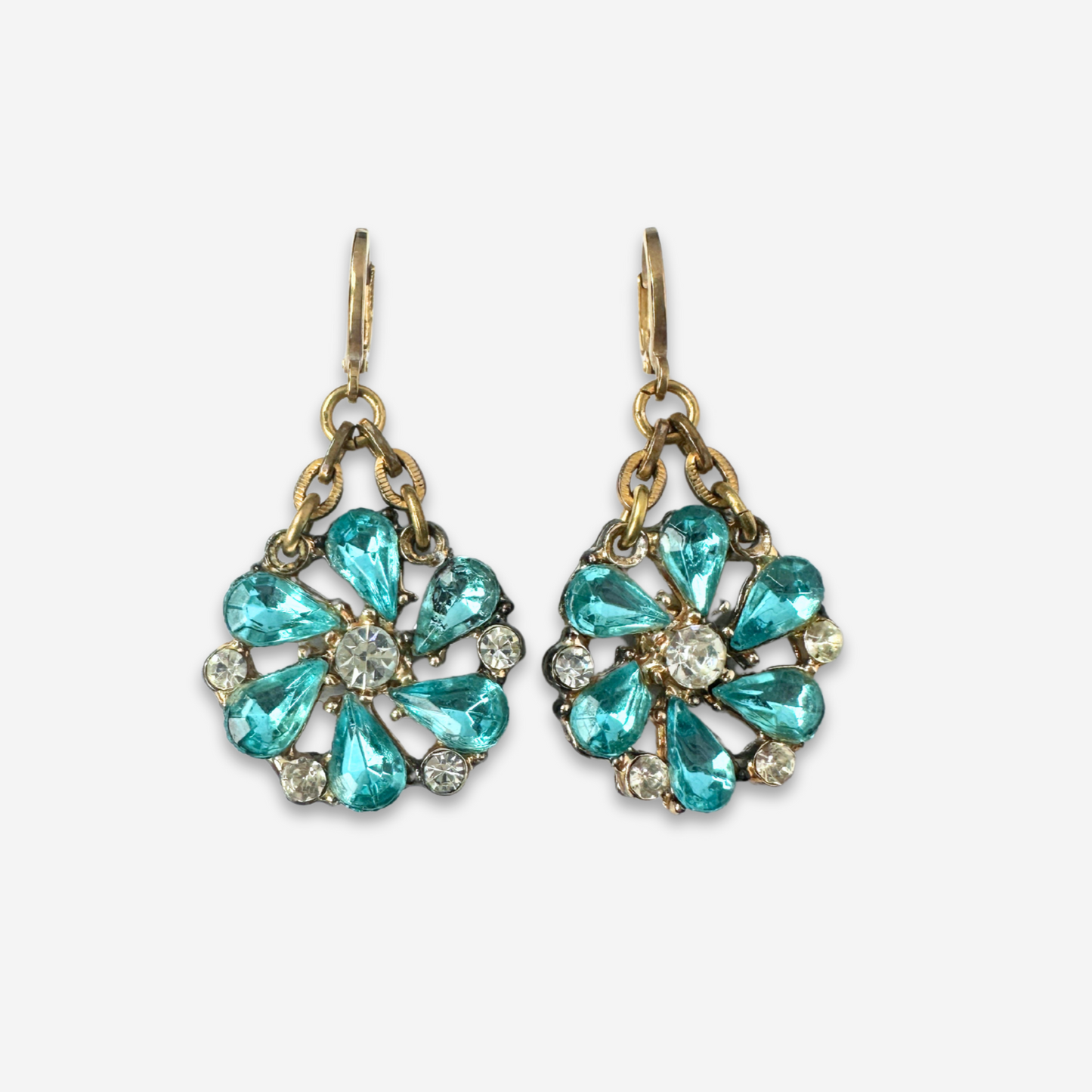 Refashioned vintage aqua rhinestone flower drop earrings