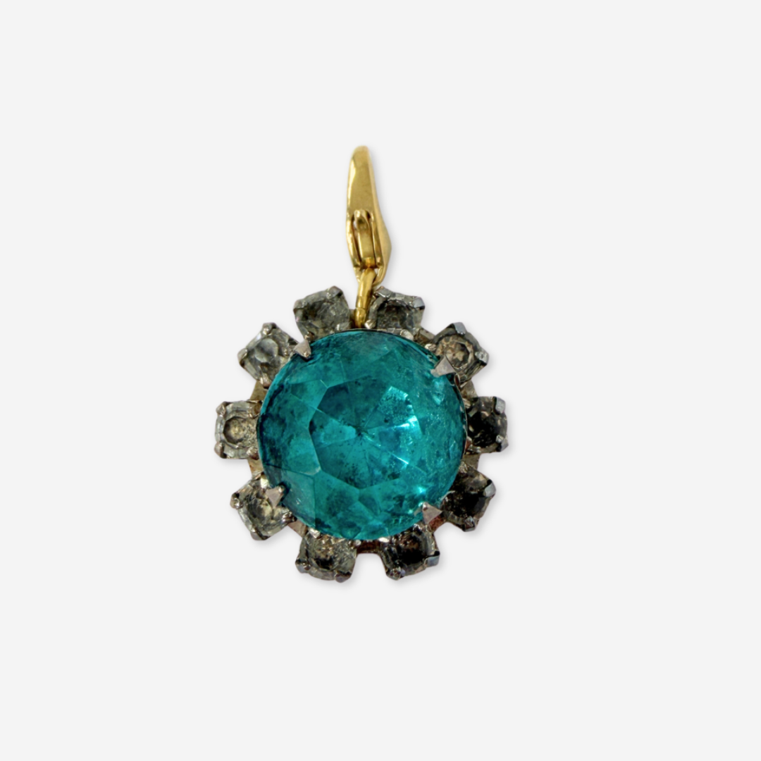 Vintage aqua blue and clear rhinestone circular charm