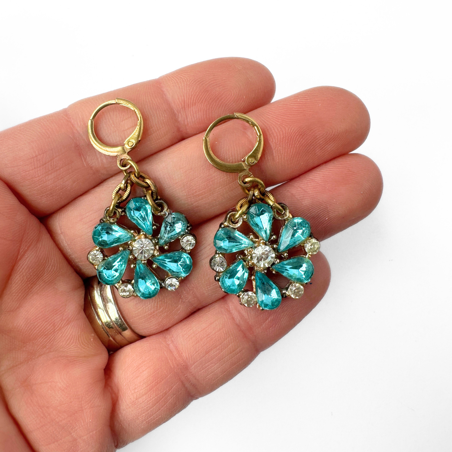 Refashioned vintage aqua rhinestone flower drop earrings