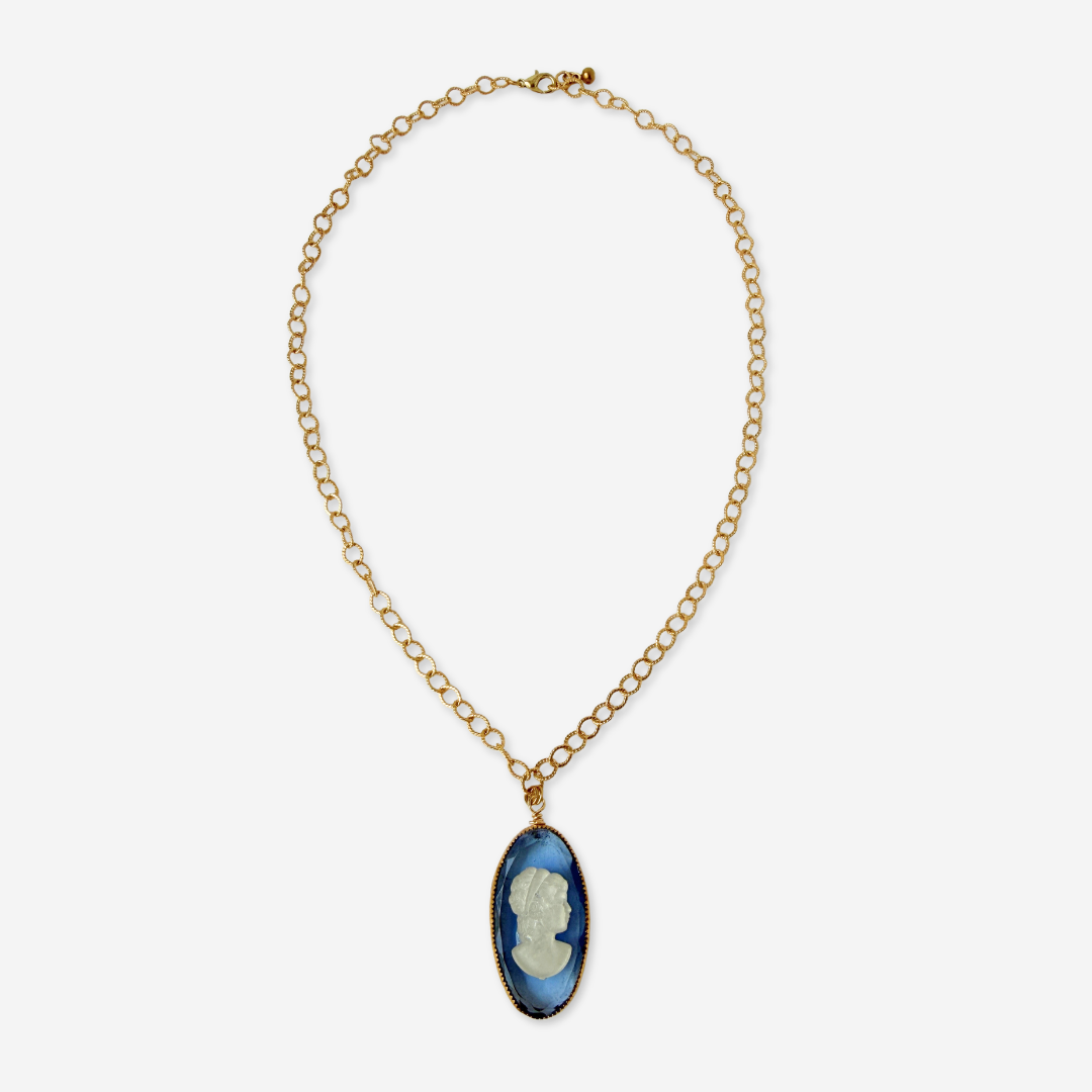 Refashioned blue glass oval cameo pendant on gold chain