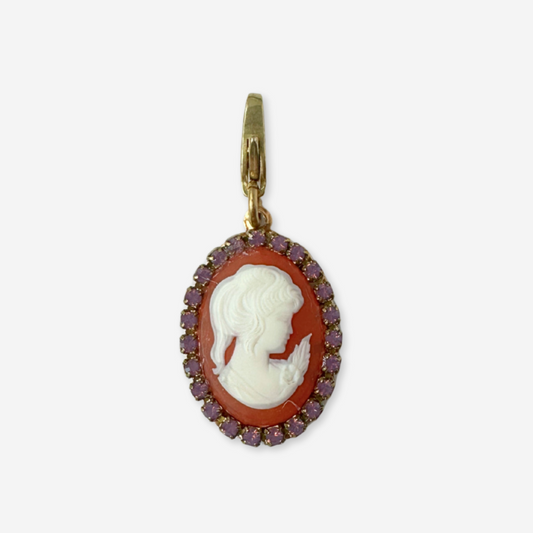 Refashioned vintage coral and lavender rhinestone oval cameo charm