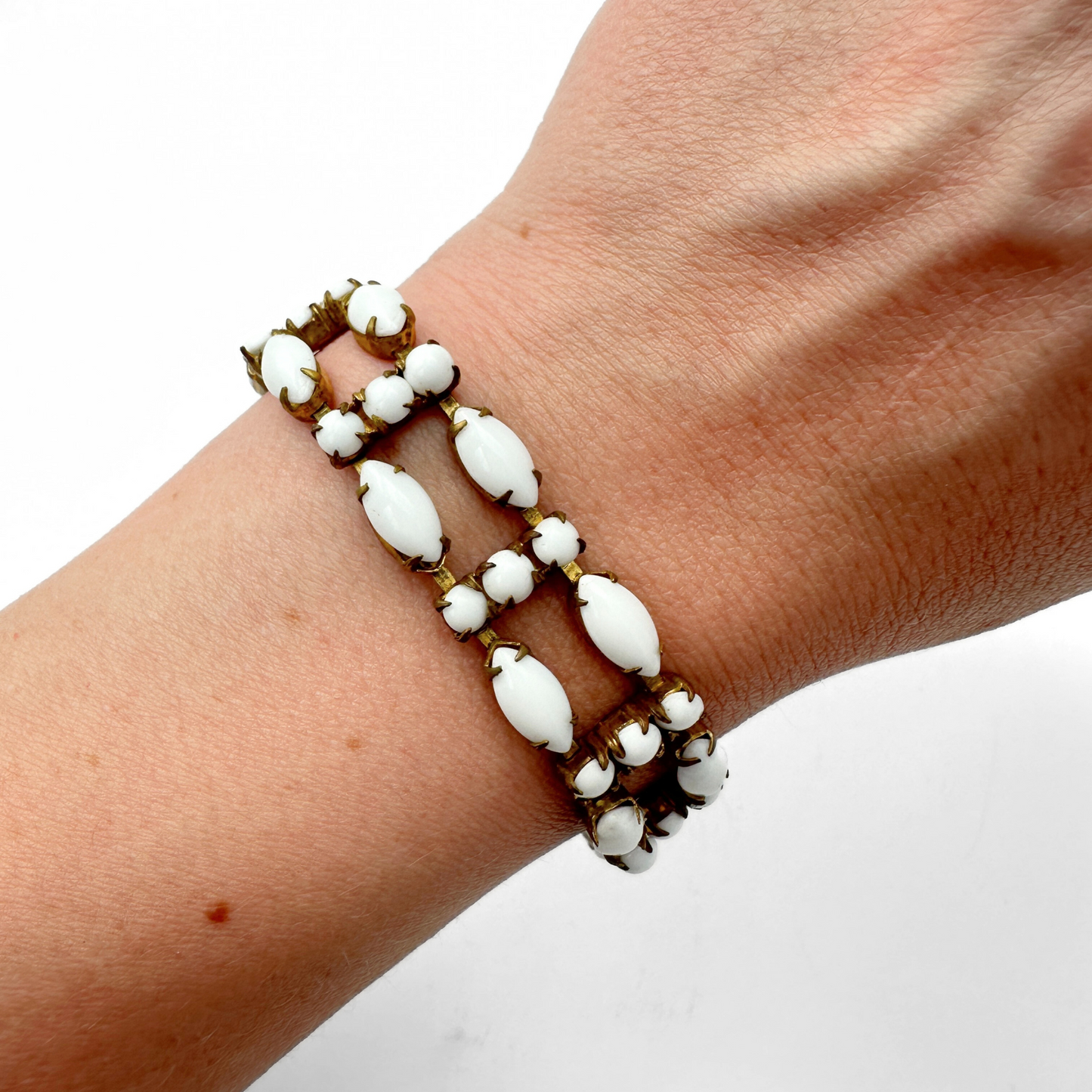 Vintage milk glass navette chain bracelet