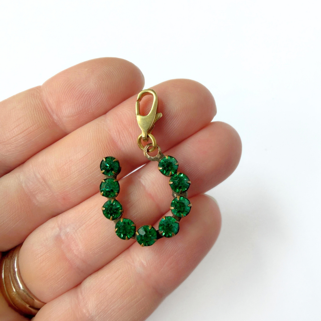 Refashioned antique emerald Czech glass horseshoe charm