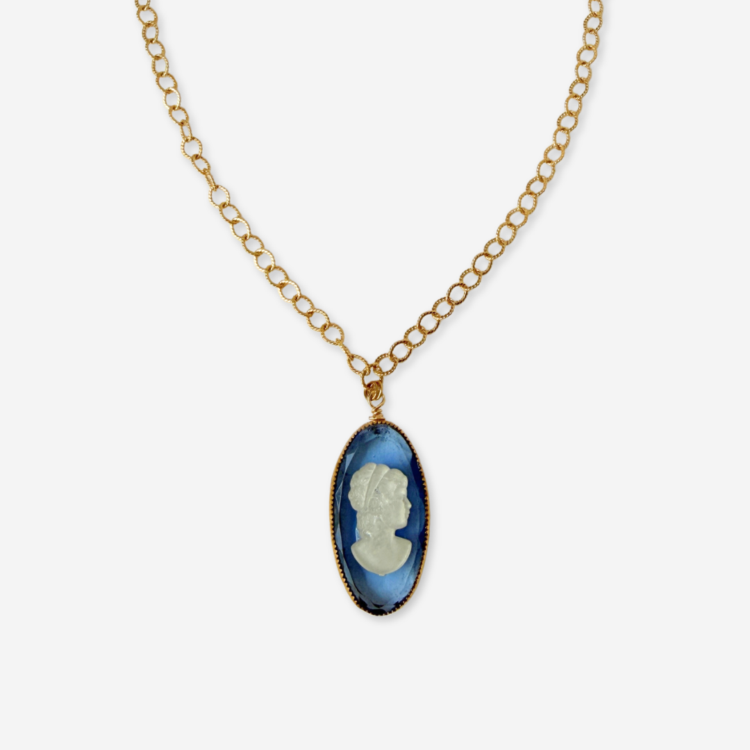 Refashioned blue glass oval cameo pendant on gold chain