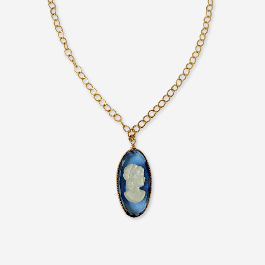 Refashioned blue glass oval cameo pendant on gold chain