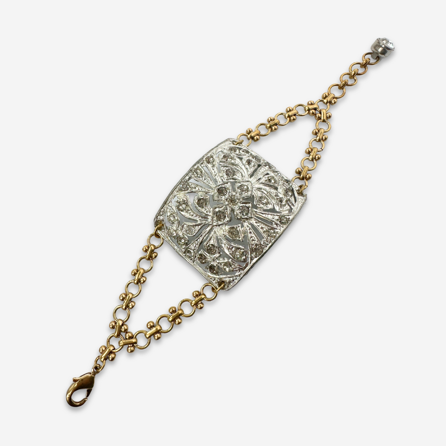 Refashioned Antique Rhinestone shoe Buckle bracelet with brass chain