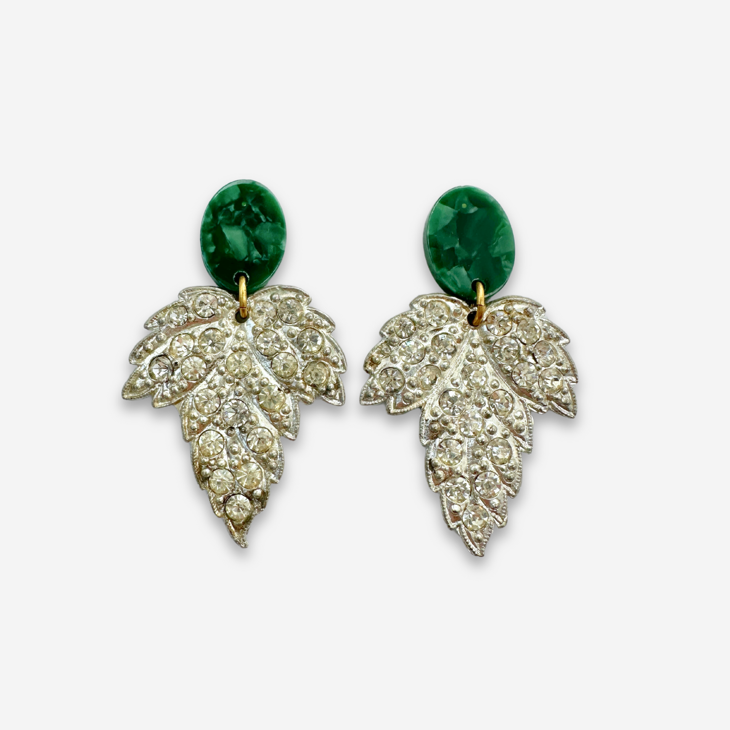 VIntage rhinestone leaf earrings with green oval posts