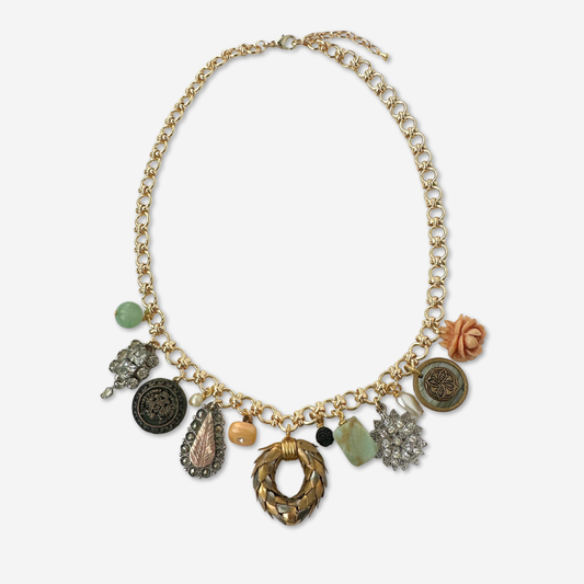 Repurposed vintage green and peach rhinestone charm necklace on gold plated chain