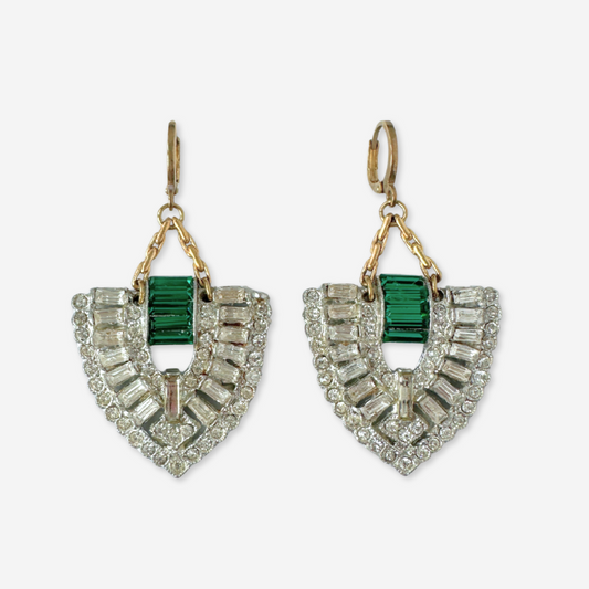 Vintage large Art Deco clear and emerald rhinestone earrings