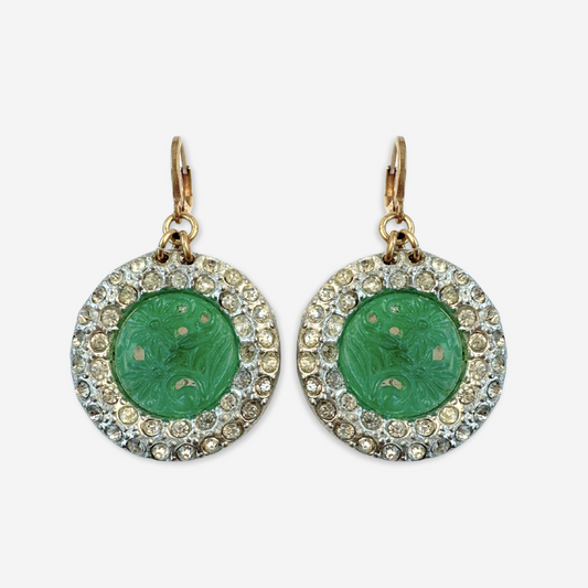Refashioned vintage clear rhinestone and jade green large circular earrings