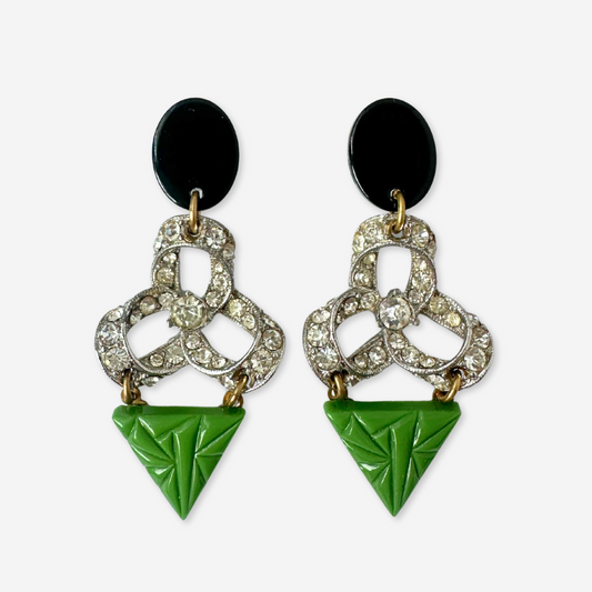 Large refashioned vintage green, black, and rhinestone statement earrings