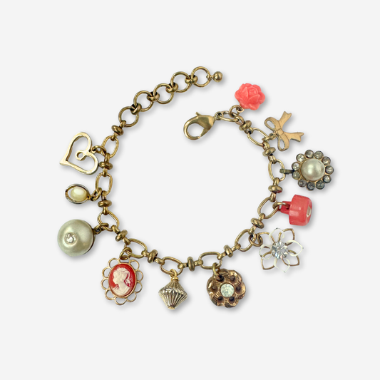 Repurposed vintage coral and brass charm bracelet