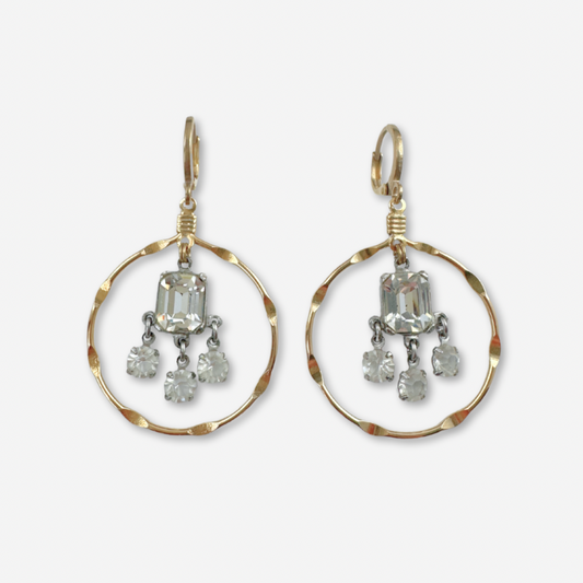 Gold plated hoop earrings with vintage clear rhinestone center drops