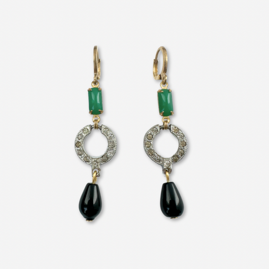 Refashioned vintage green, rhinestone, and black onyx earrings