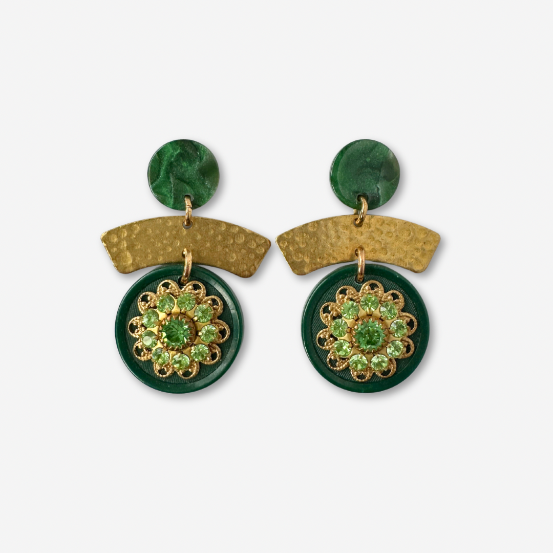 Refashioned vintage green rhinestone button earrings with brass arc