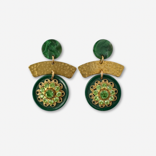 Refashioned vintage green rhinestone button earrings with brass arc