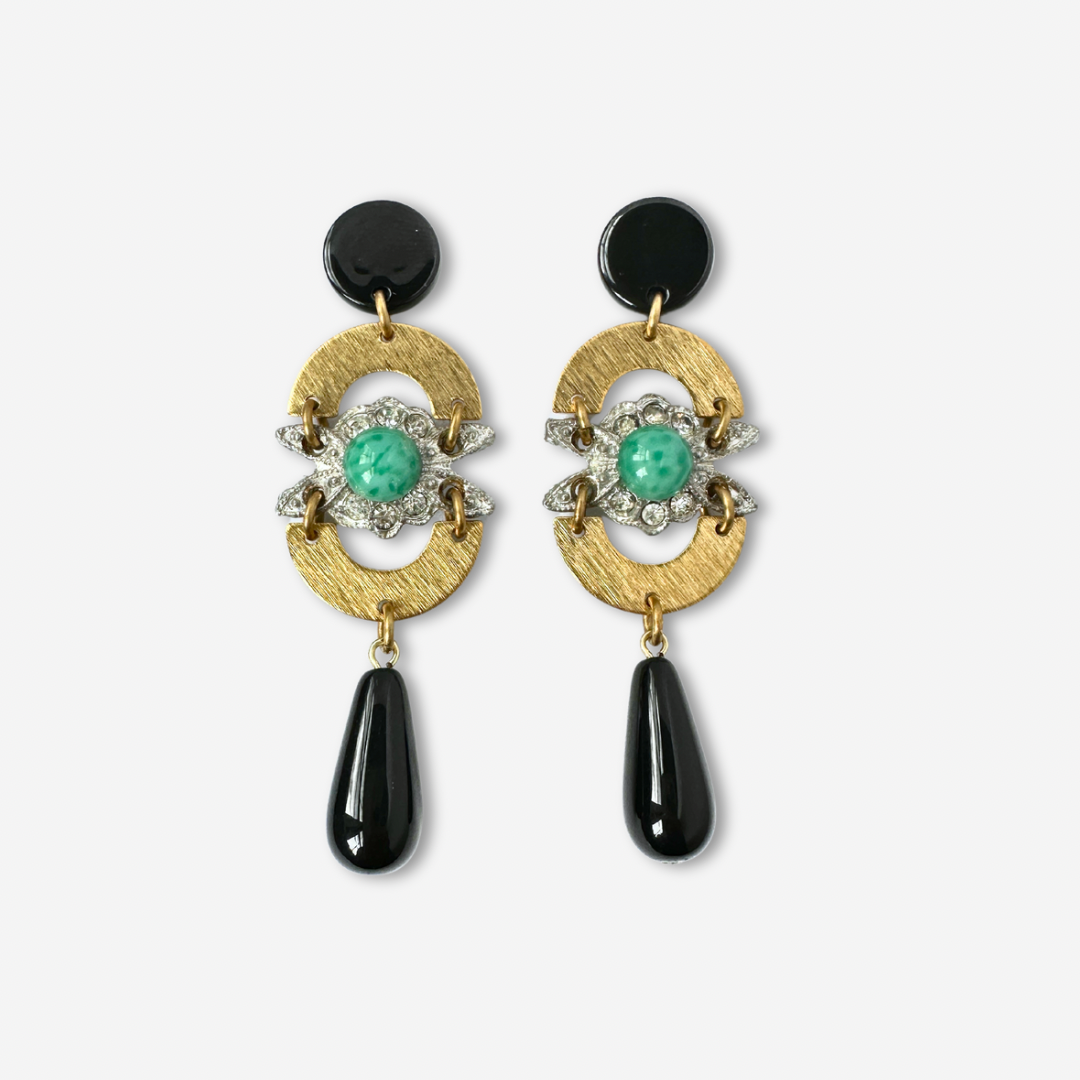 Refashioned vintage black, green, brass, and rhinestone assemblage earrings
