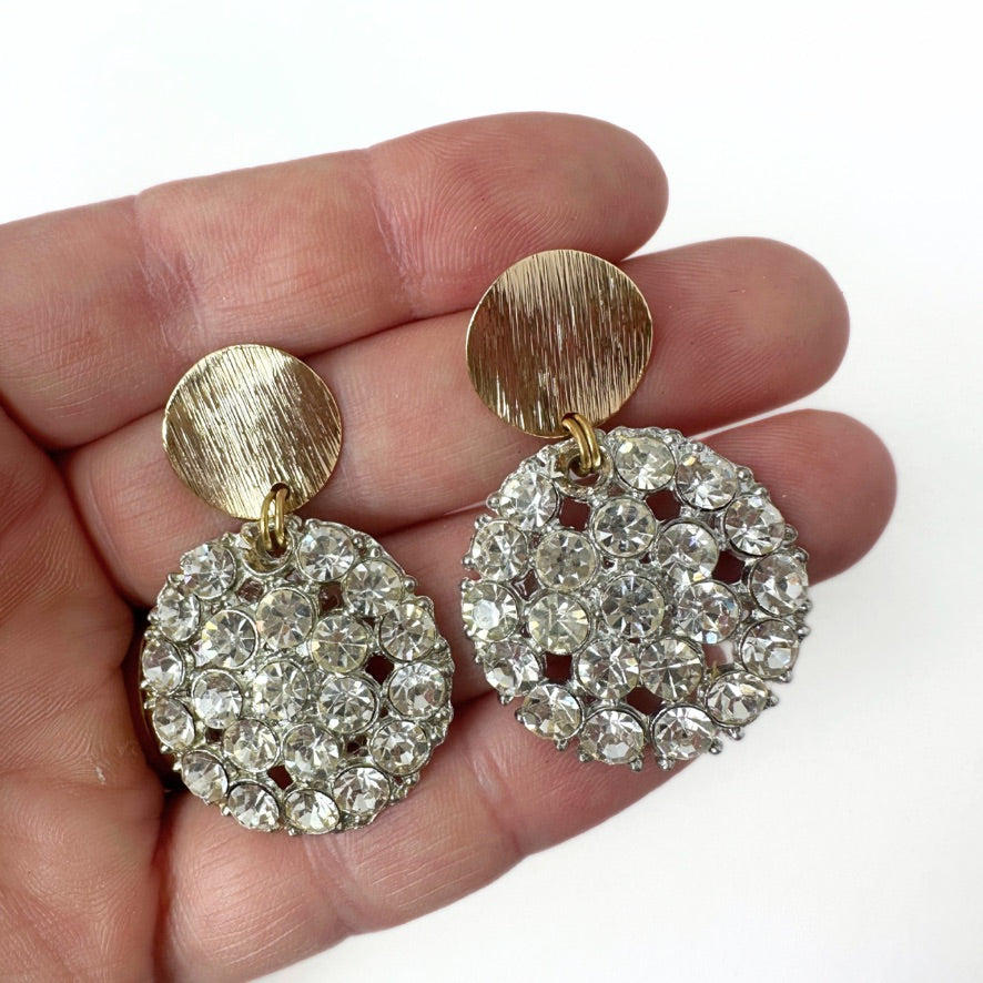 Large vintage clear rhinestone button earrings with gold circular posts