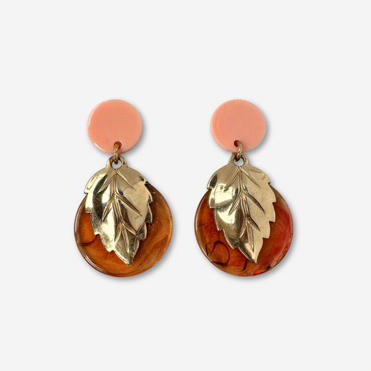 Pink and tortoise shel, and vintage gold leaf earrings