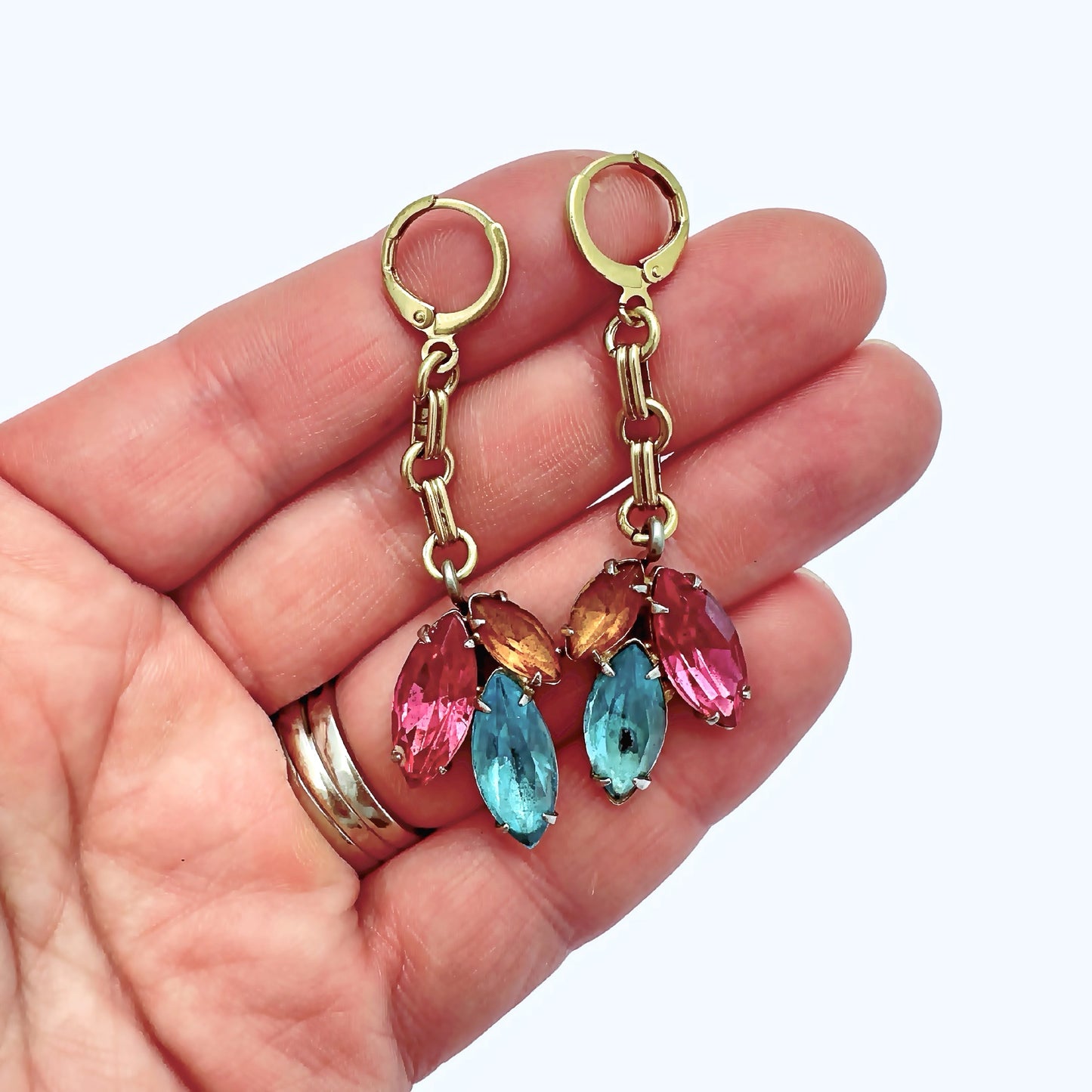 Refashioned vintage pink, orange and aqua marquise rhinestone drop earrings