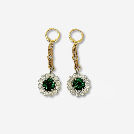 Refashioned vintage emerald green and clear rhinestone drop earrings