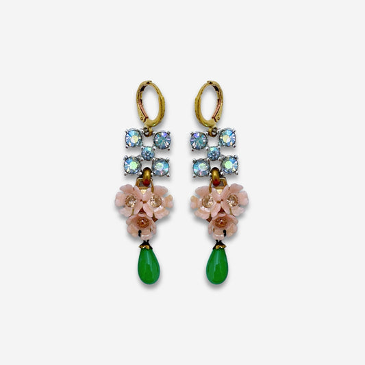 Refashioned vintage iridescent rhinestone, pink floral, and green teardrop assemblage earrings