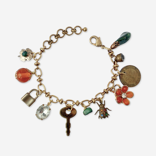 Repurposed vintage mixed green and amber charm bracelet