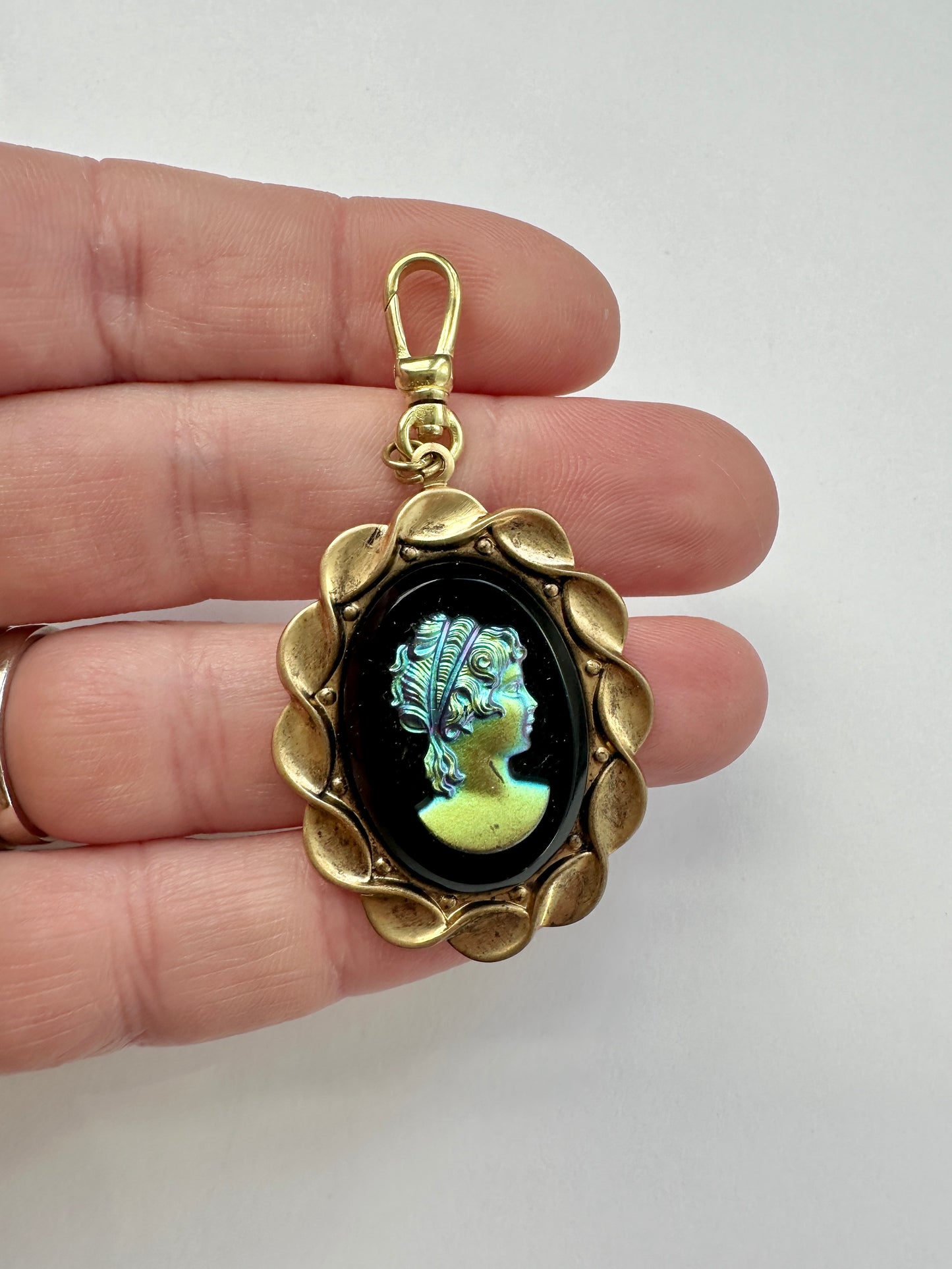 Vintage large black cameo charm with brass setting and swivel clasp