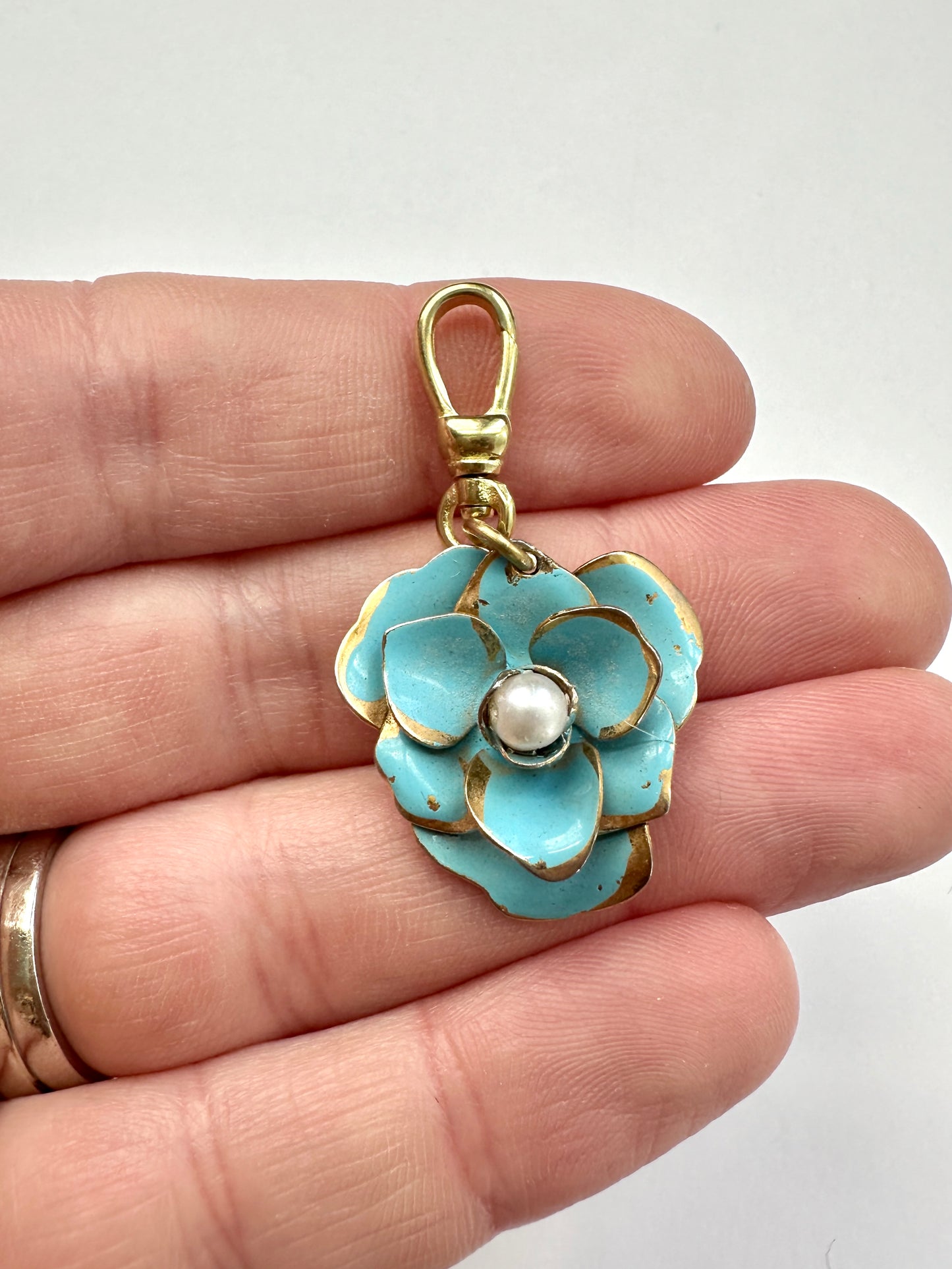 Vintage baby blue enamel flower charm with pearl center