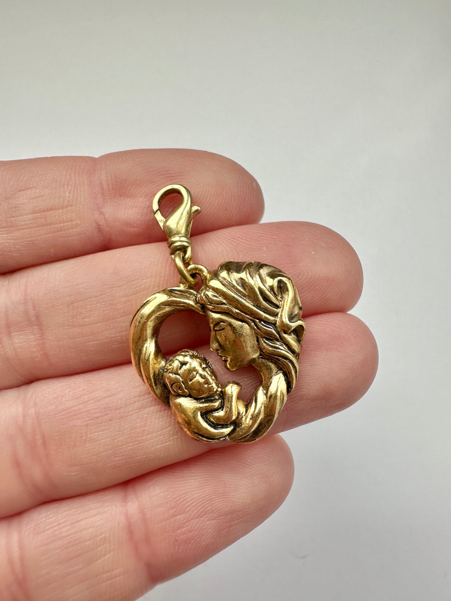 Vintage gold plated mother and child heart charm with brass swivel clasp