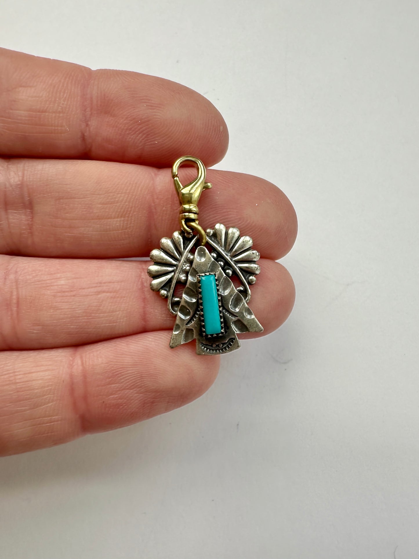 Vintage silver and turquoise arrowhead charm with brass swivel clasp