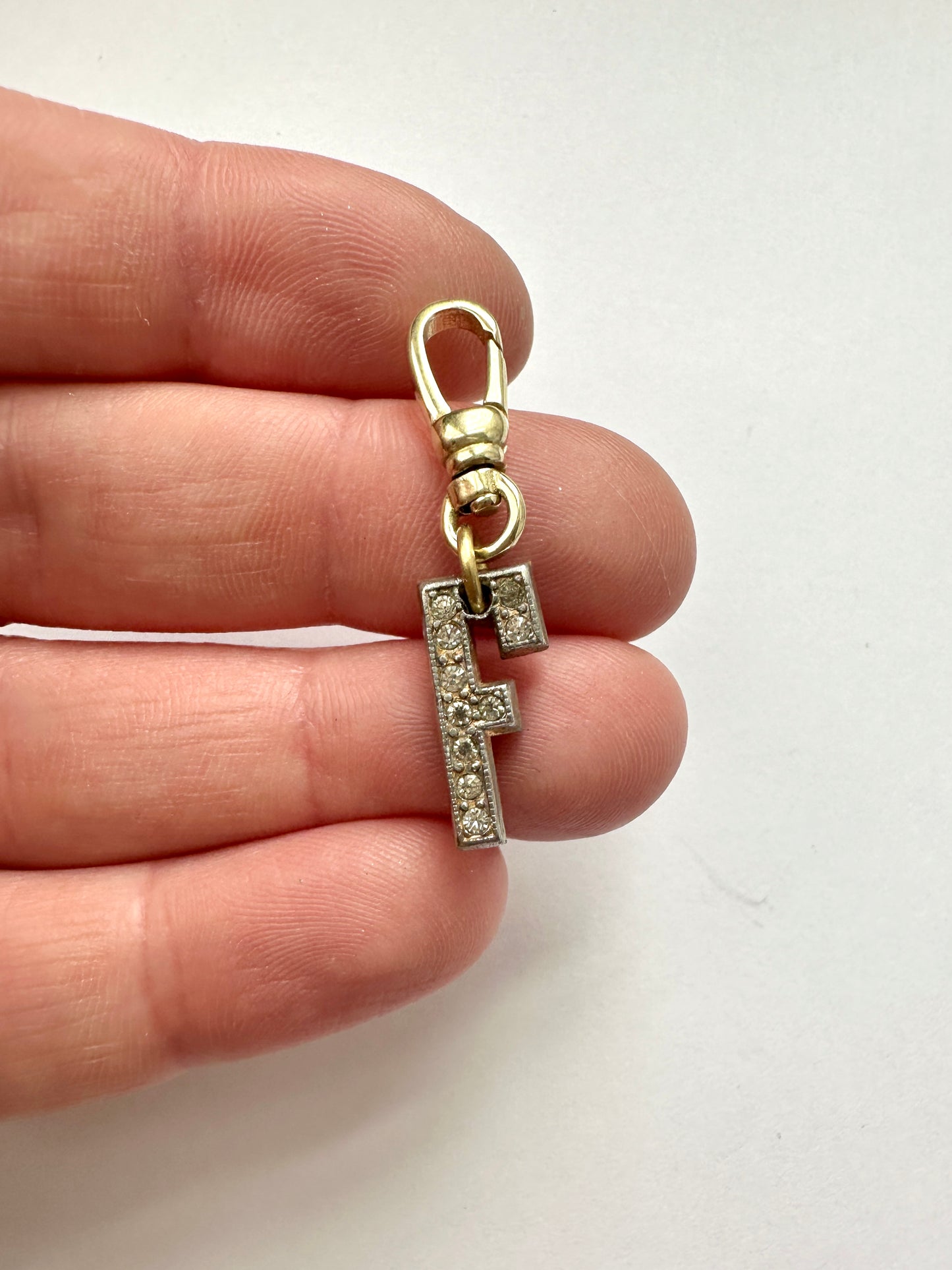 Small vintage clear rhinestone block letter "F" charm with brass swivel clasp