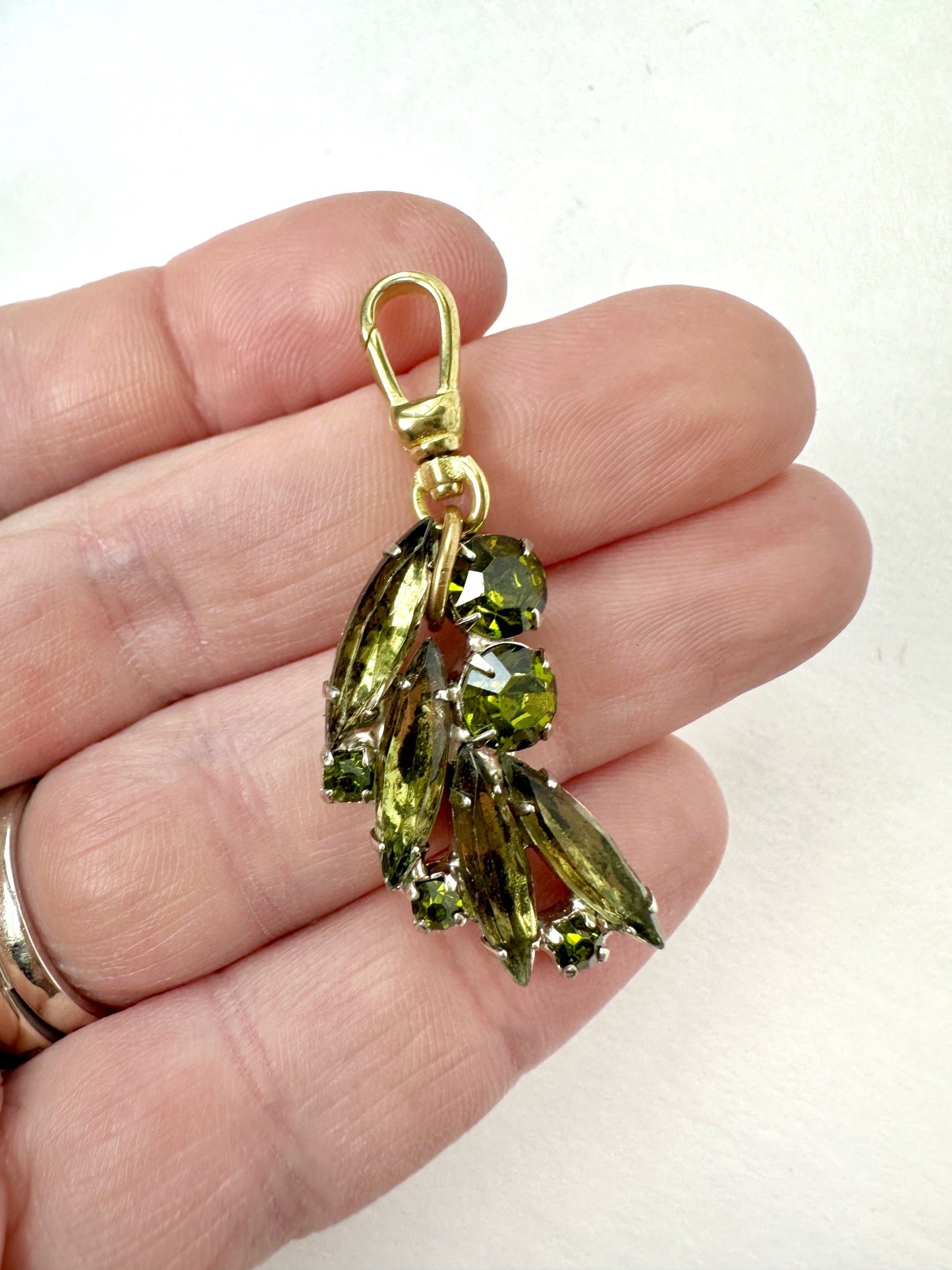 Olive green marquis rhinestone vintage charm on brass swivel clasp