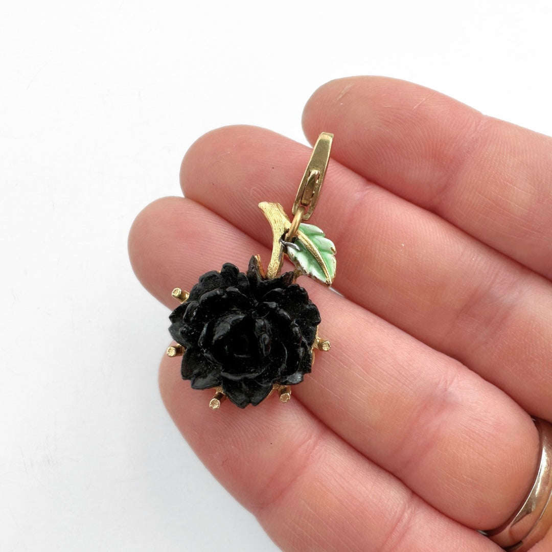 Vintage carved black rose flower charm