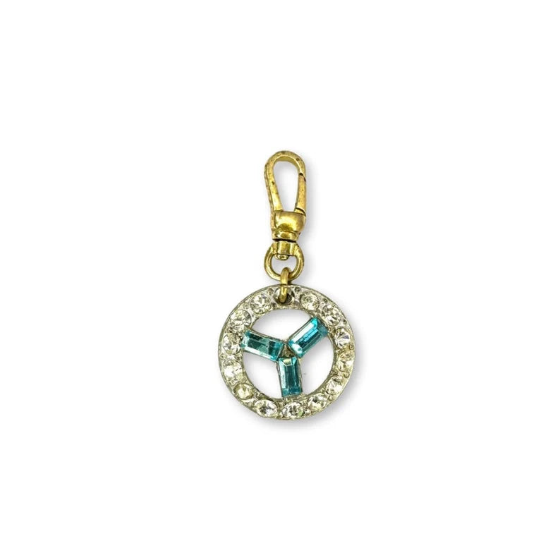 Vintage aqua blue and clear rhinestone circle charm with raw brass swivel clasp