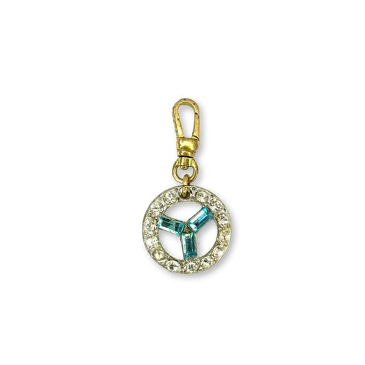 Vintage aqua blue and clear rhinestone circle charm with raw brass swivel clasp