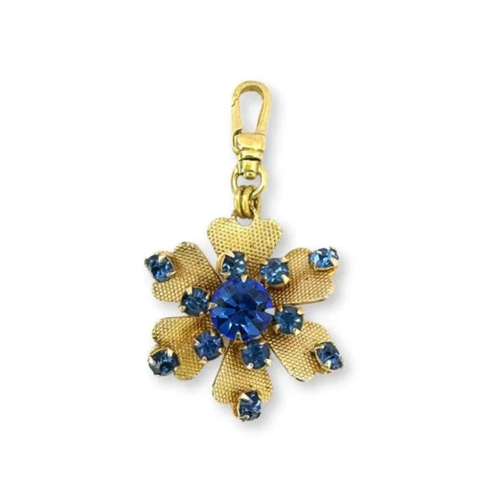 Vintage gold and cobalt blue flower charm with raw brass swivel clasp
