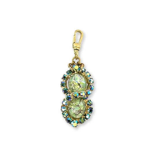 Vintage green and iridescent blue rhinestone charm with raw brass swivel clasp