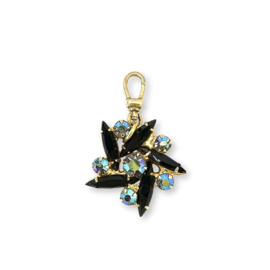Vintage black and iridescent charm with raw brass swivel clasp