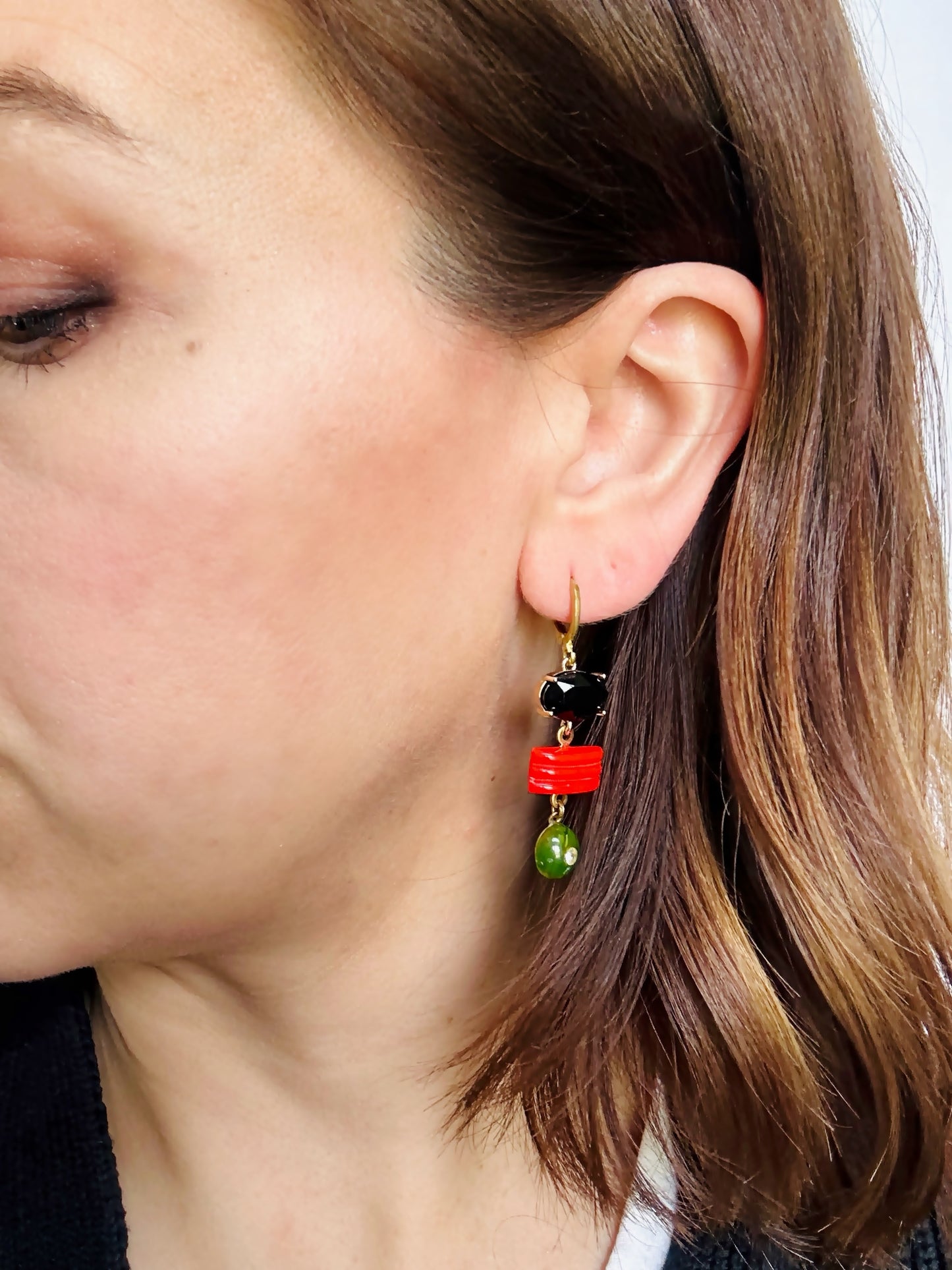 Black, red, and olive green refashioned vintage assemblage earrings