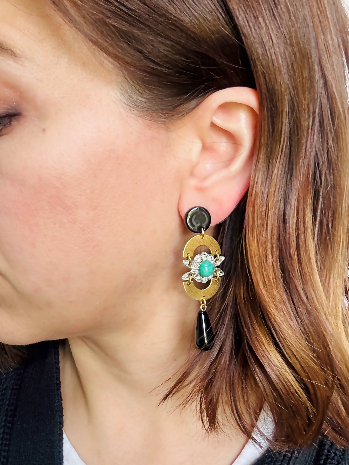 Refashioned vintage black, green, brass, and rhinestone assemblage earrings