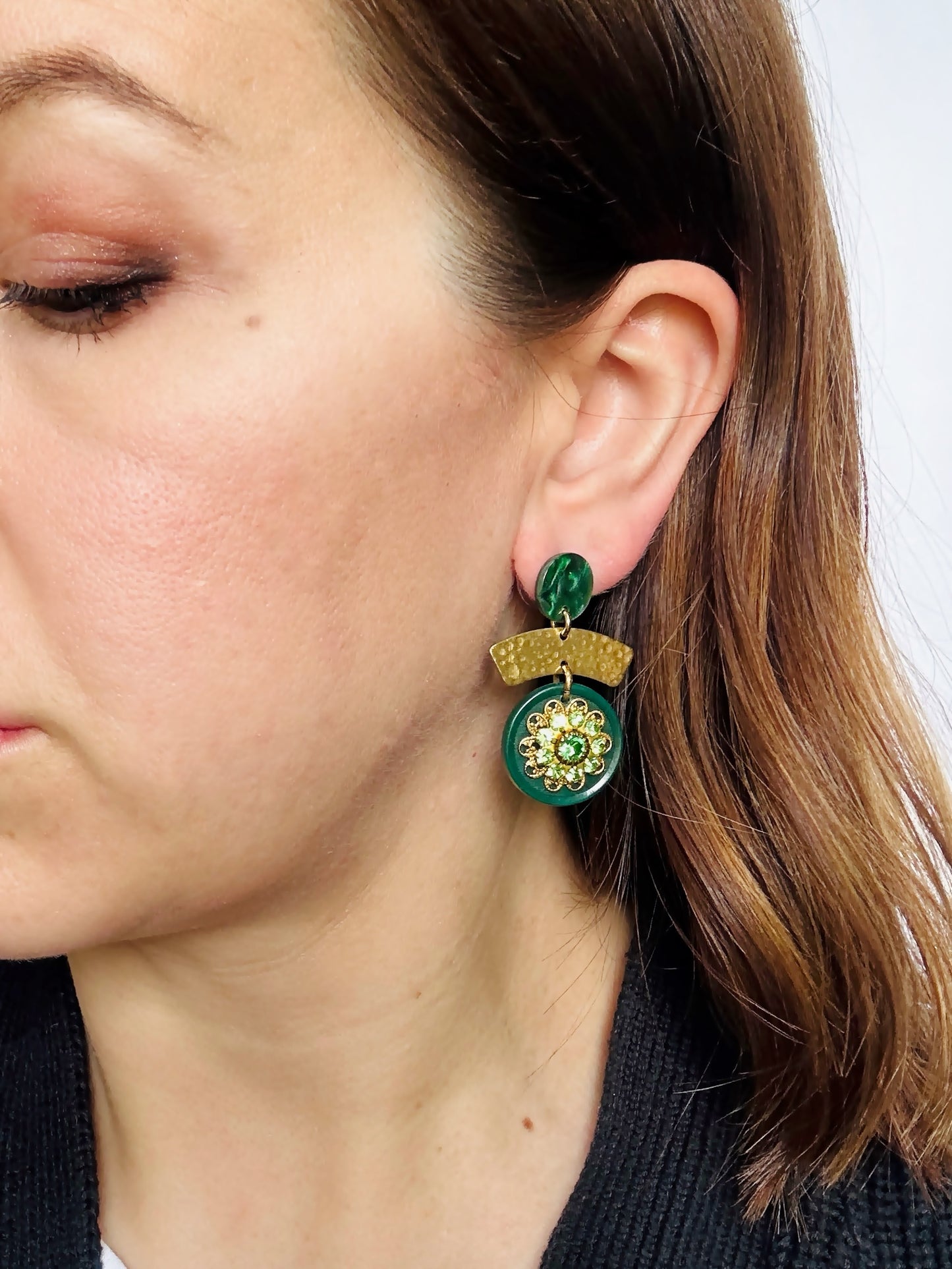 Refashioned vintage green rhinestone button earrings with brass arc