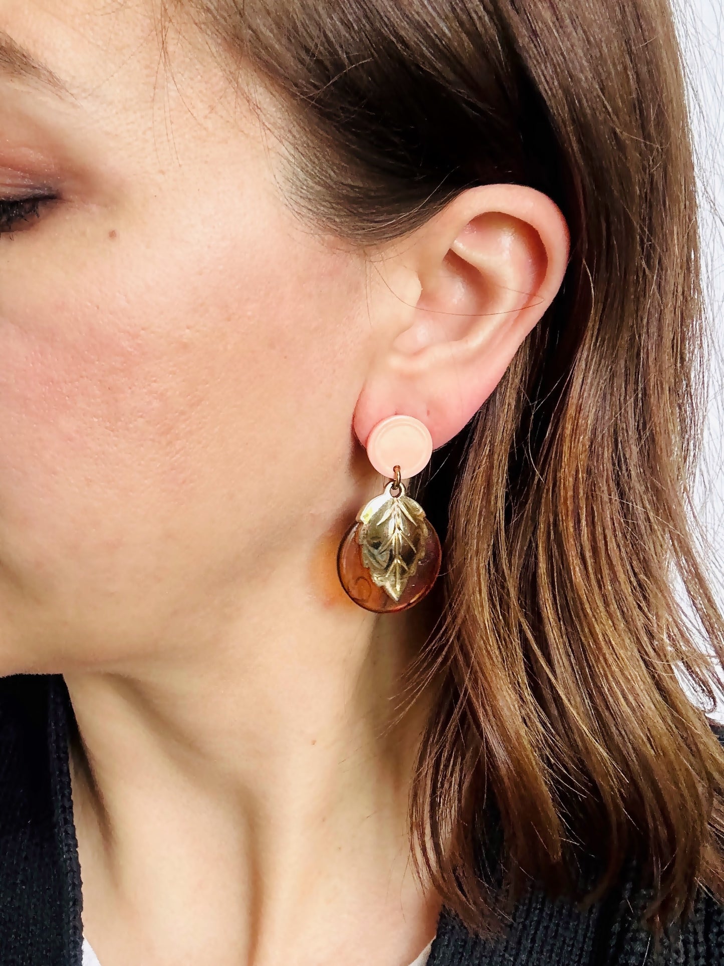 Pink and tortoise shel, and vintage gold leaf earrings
